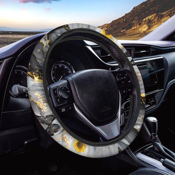 Jeiento Black Marble Print Car Steering Wheel Covers,Butterfly Neoprene Auto Car Wrap Cover Car Accessories Protector,Universal Fit for SUV Truck Van,Anti-slip and Sweat Absorption