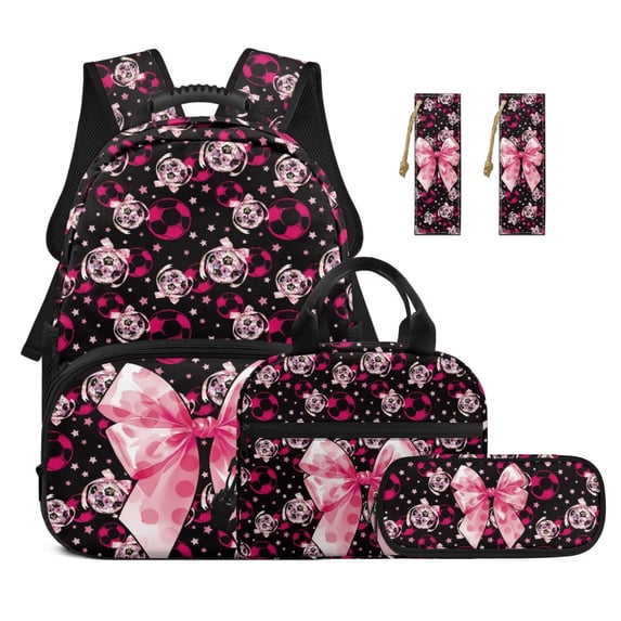 Jeiento Black Pink Soccer Bow 17 Inch Backpack 4-Piece Set, Lightweight Large Capacity School Bookbag for Teen Girls Students Daily Use