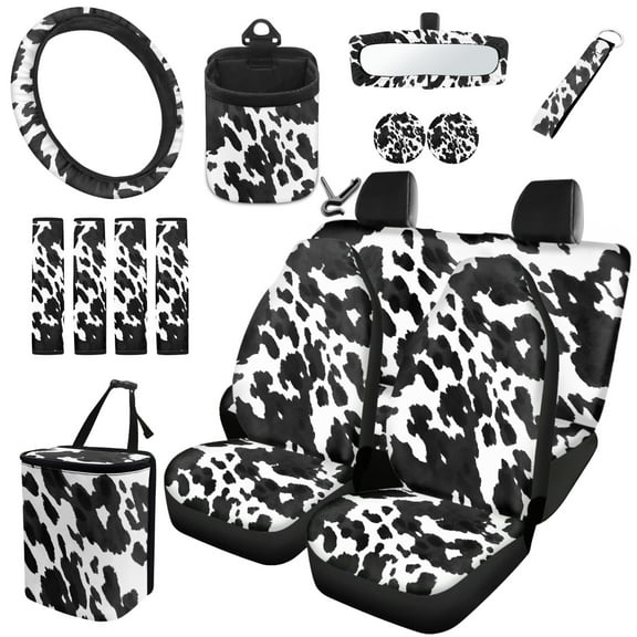 Jeiento Black White Cow 15 Pcs Car Seat Covers Full Set for Women Men with Steering Wheel Cover Trash Bin Sunglass Pocket Rear View Mirror Protector Key Chain Coasters Seat Belt Protector
