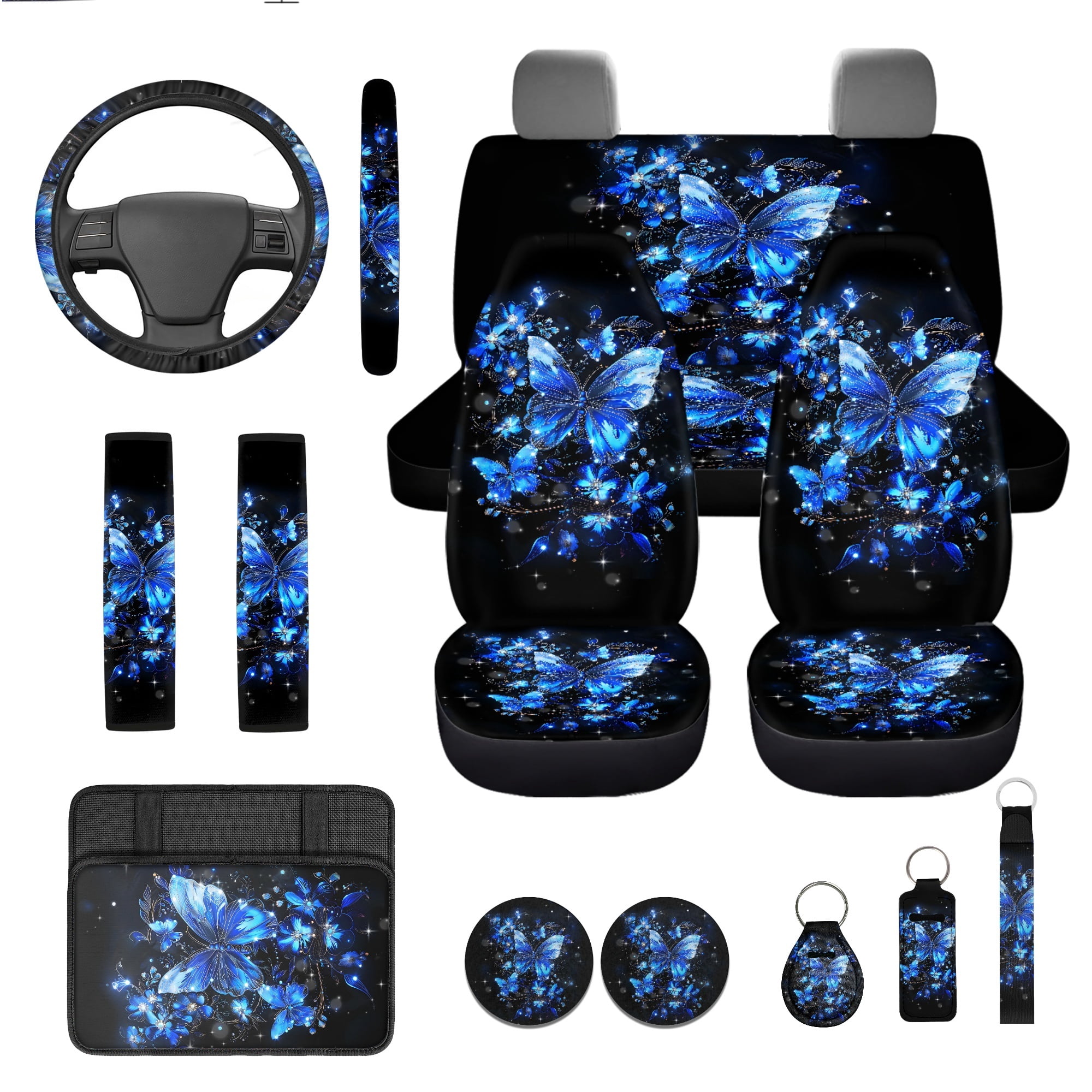 Jeiento Blue Butterfly 13 PCS Car Seat Covers Full Set with Steering Wheel Cover Seat Belt Pads Armrest Cushion Coasters Keychain Lipstick Holder Auto Accessory Sets Universal Fit