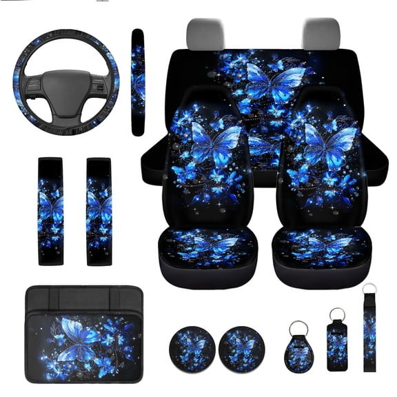 Jeiento Blue Butterfly 13 PCS Car Seat Covers Full Set with Steering Wheel Cover Seat Belt Pads Armrest Cushion Coasters Keychain Lipstick Holder Auto Accessory Sets Universal Fit