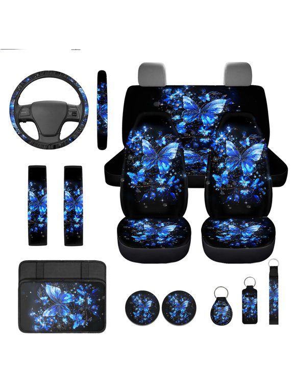 Blue Butterfly 13 PCS Car Seat Covers Full Set with Steering Wheel Cover Seat Belt Pads Armrest Cushion Coasters Keychain Lipstick Holder Auto Accessory Sets Universal Fit