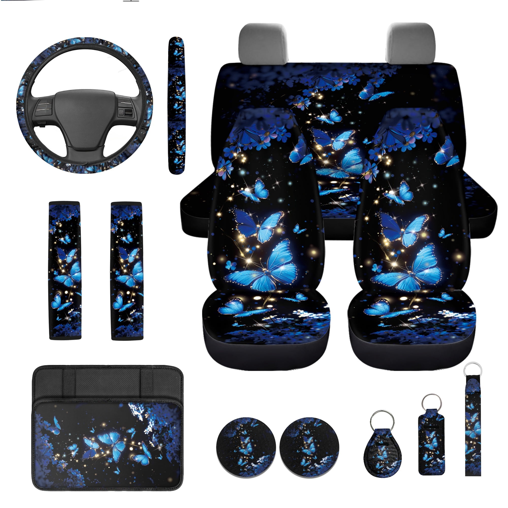 Jeiento Blue Butterfly 13 Pcs Car Front Rear Seat Covers Steering Wheel Cover Seatbelt Cushion Armrest Cover Lip Balm Holder Coasters Keychain Auto Interior Sets Universal Fit for Most Vehicles