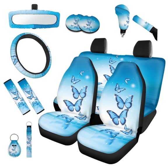 Jeiento Blue Butterfly Auto Seat Covers Full Set 14 Pack with Steering Wheel Cover Seatbelt Shoulder Pad Rearview Mirror Accessories Gear Shift Knob Cover Set Coasters Keychains Decor