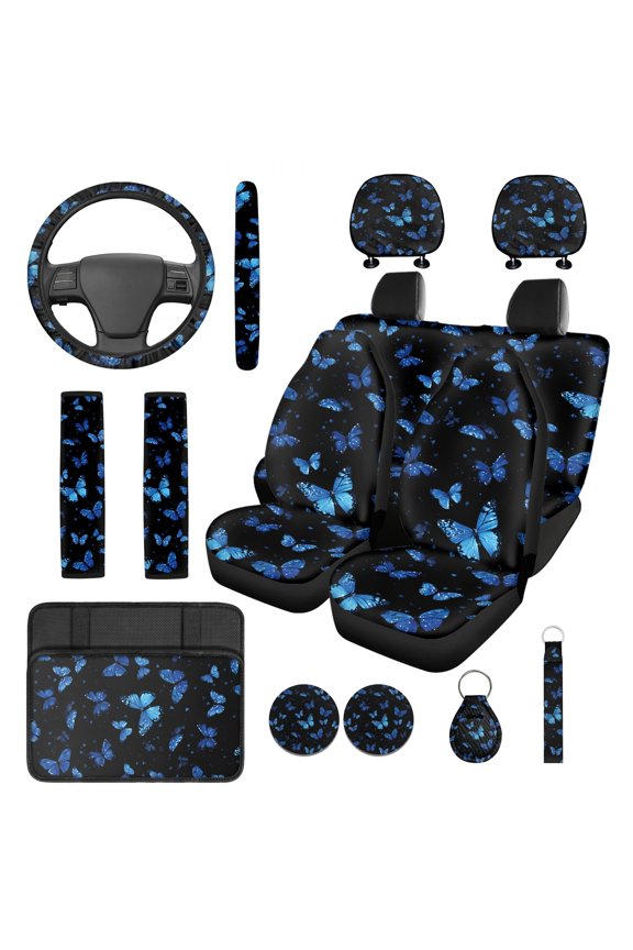 Blue Butterfly Car Seat Covers Full Set of 14 Steering Wheel Cover Center Console Pad Seatbelt Pad Headrest Covers Cup Holders Universal Auto Accessories Fit for Most Vehicles