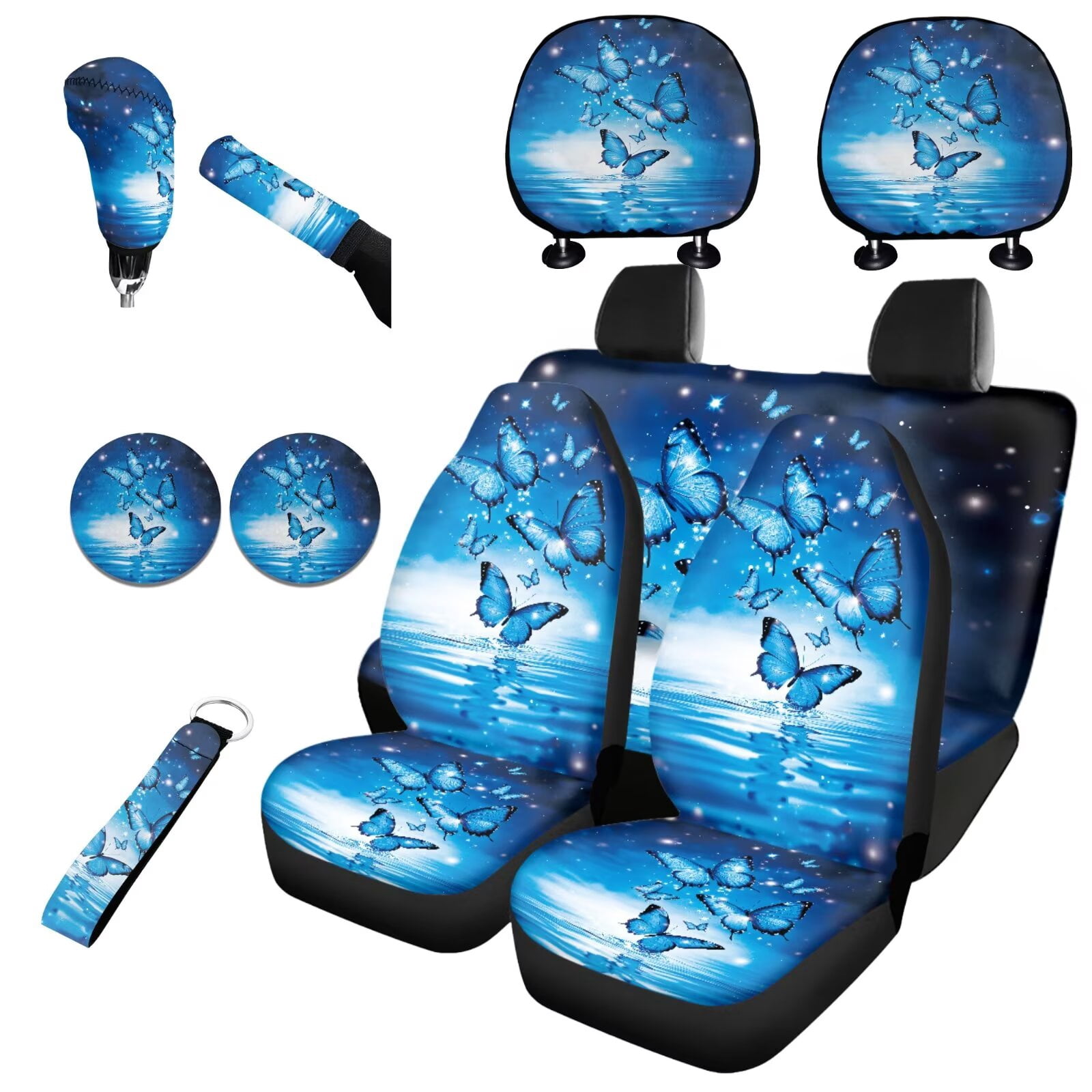 Jeiento Blue Butterfly Car Seat Covers Set 11 Pack, with Auto Seat Covers Keychain Headrest Cover Cup Coasters Handbrake Cover Gear Shift Knob Cover Auto Accessories Decor