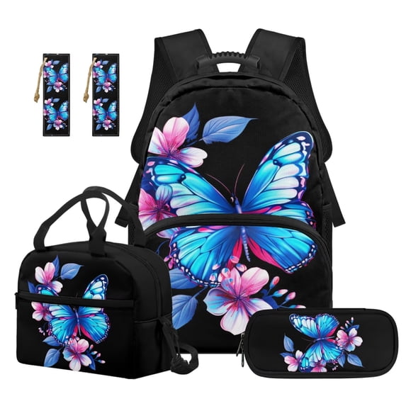 Jeiento Blue Butterfly Girls Backpack and Lunch Box Set 4 Piece 17 Inch School Backpack for Elementary Kids Large Capacity Daypack with Padded Straps, Includes Pencil Case Bookmarks