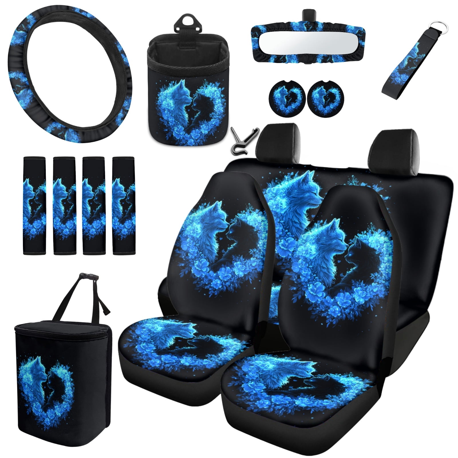 Jeiento Blue Cat Printed 15 Pcs Car Seat Cover Full Set for Women with Rearview Mirror Cover/Car Trash Can/Air Vent Phone Holder/Soft Seat Belt Cover/Steering Wheel Cover/Coaster