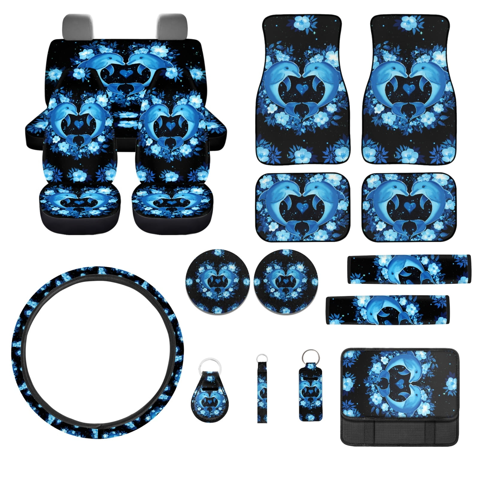 Jeiento Blue Dolphin Car Seat Cover Full Set for Men Woman Car Floor Mats Steering Wheel Cover Keychains Seatbelt Pad Armrest Cover Cup Coasters Lipstick Holder Interior Auto Accessory 17pcs