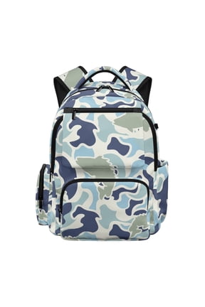 Blue Fish Camo Kids School Backpack for Boys Girls 17 Inch Multi-Pocket Water-Resistant Polyester Bookbag Lightweight Large Capacity Bag for Back to School, Travel, Hiking