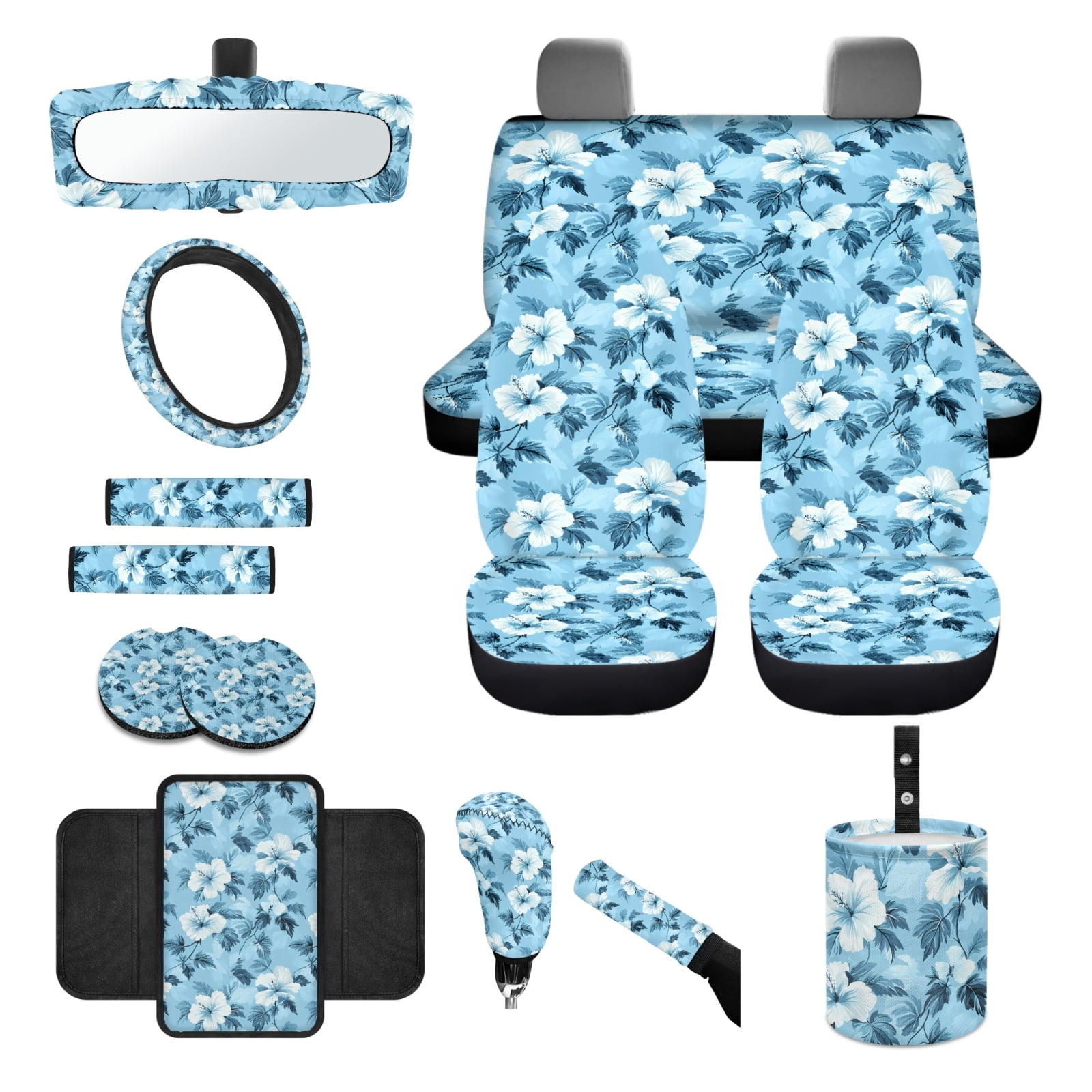 Jeiento Blue Hibiscus Flowers Car Seat Cover with Steering Wheel Cover Seat Belt Strap Pad Handbrake Gear Shift Knob Cover Rubbish Bin Armrest Cover Auto Rearview Mirror Cover Coasters 14 PCS