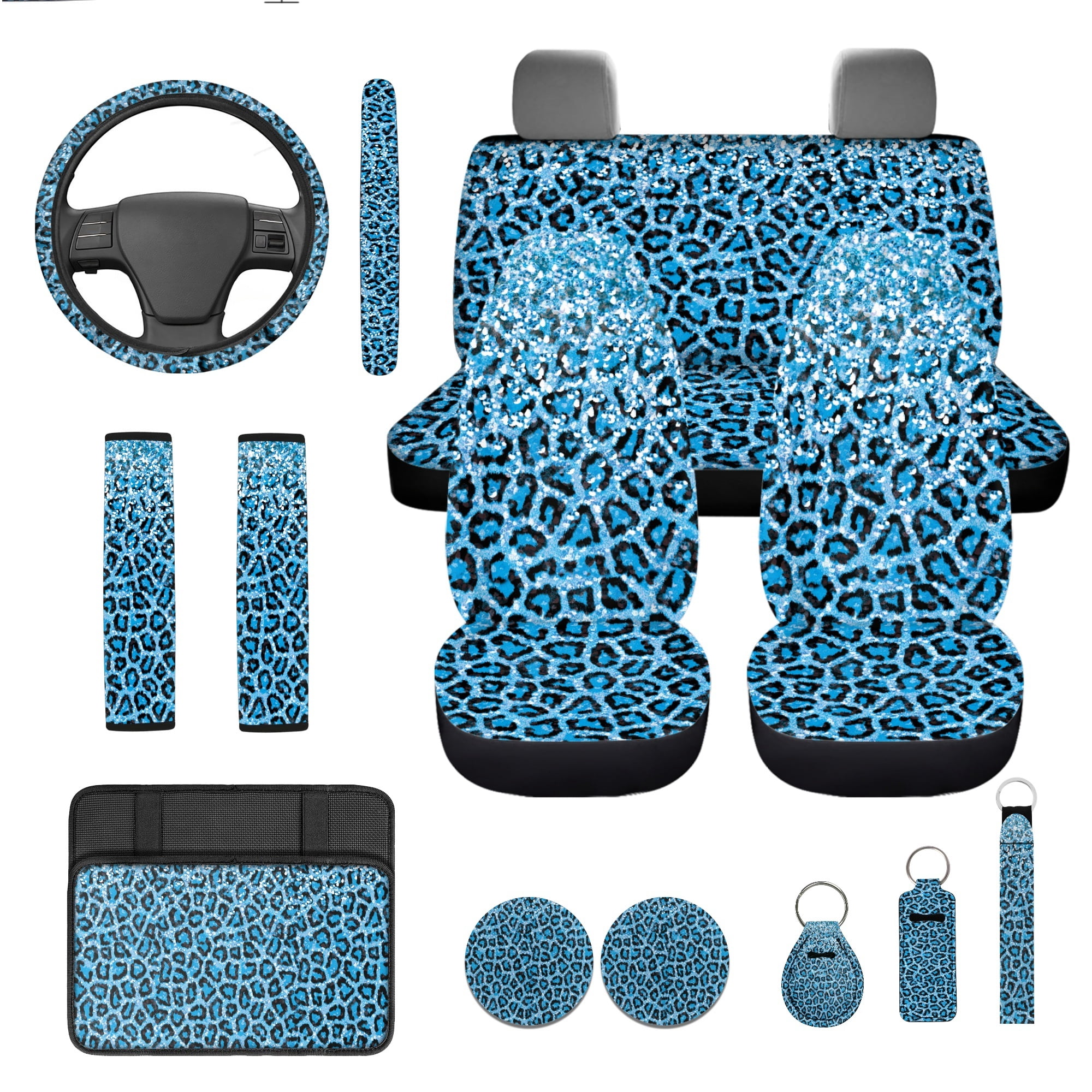 Jeiento Blue Leopard Print 13 PCS Car Seat Cover Full Set, Steering Wheel Seat Belt Center Console Cover Coaster Keychain Chapstick Holder Universal Fit for Most Vehicles