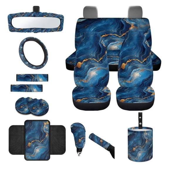 Jeiento Blue Marble Print Auto Accessories Set Car Seat Covers Car Steering Wheel Cover Seatbelt Shoulder Pad Trash Can Rear View Mirror Protector Handbrake Cover Set Car Armrest Cover Coasters