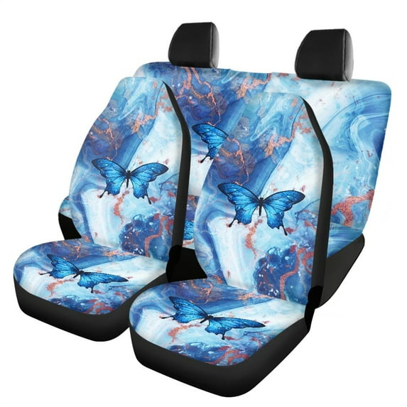 Jeiento Blue Marble Print Car Seat Covers Set for Women Girls Butterfly Front Bucket Seat Covers Interior Decor Back Seat Covers Automobile Accessories for Van SUV Truck Sedan