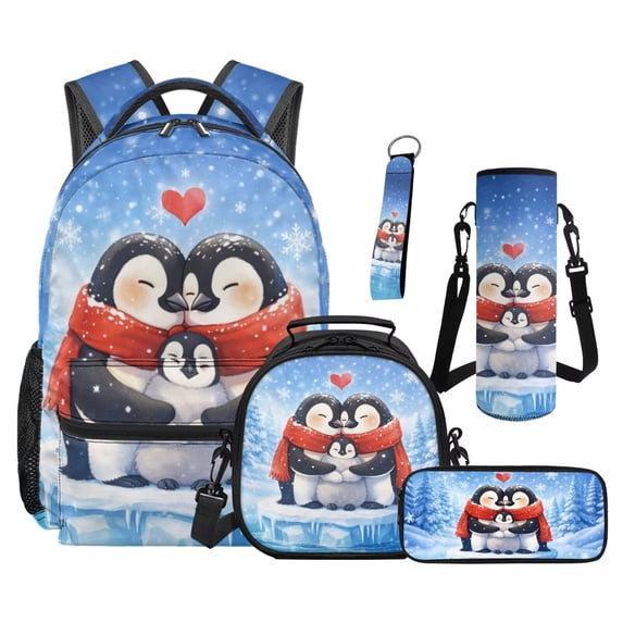 Jeiento Blue Penguin Backpack Set 5 Pcs Cartoon 17 Inch Large Capacity Backpack with Lunch Bag Pencil Case for 9-12 Years Old Teens Elementary to Middle School