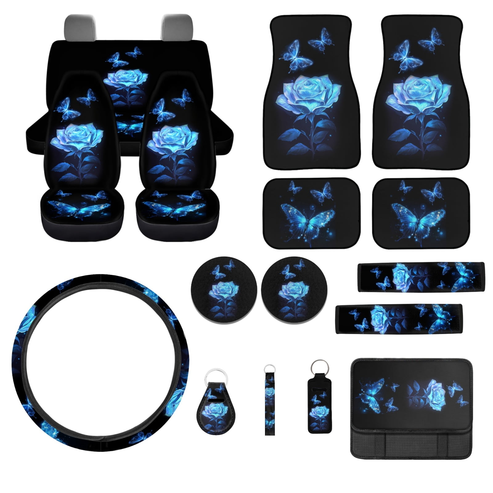 Jeiento Blue Rose Car Seat Cover Full Set Car Floor Mats Steering Wheel Cover Seatbelt Pad Armrest Cover Butterfly Cup Coaster Keychains Chapstick Holder Auto Interior Accessories Set of 17