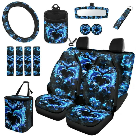 Jeiento Blue Sea Turtle Car Accessories Set of 15 Include 4 Auto Seat Covers Car Trash Can Key Chain Steering Wheel Covers Auto Seatbelt Air Vent Holder Rear View Mirror Cover Coasters