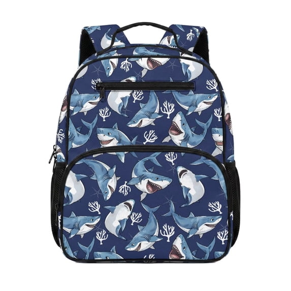 Jeiento Blue Shark Lightweight 13.5" Preschool Backpack, Toddler Bookbag with Multiple Storage Pockets, Kids School Bag for Boys 2-6 Years