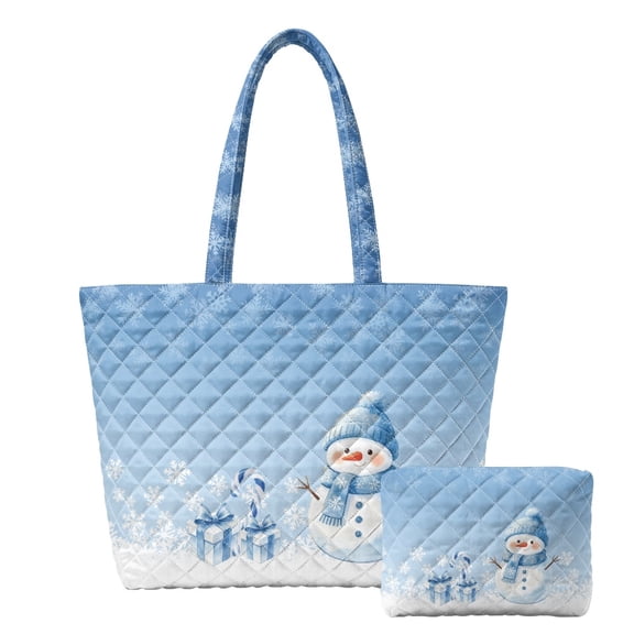 Jeiento Blue Snowman Print 2Pcs Quilted Tote Bag Set with Matching Cosmetic Pouch, Lightweight Large Capacity Winter Shoulder Handbag for Christmas Shopping Work Travel Holiday