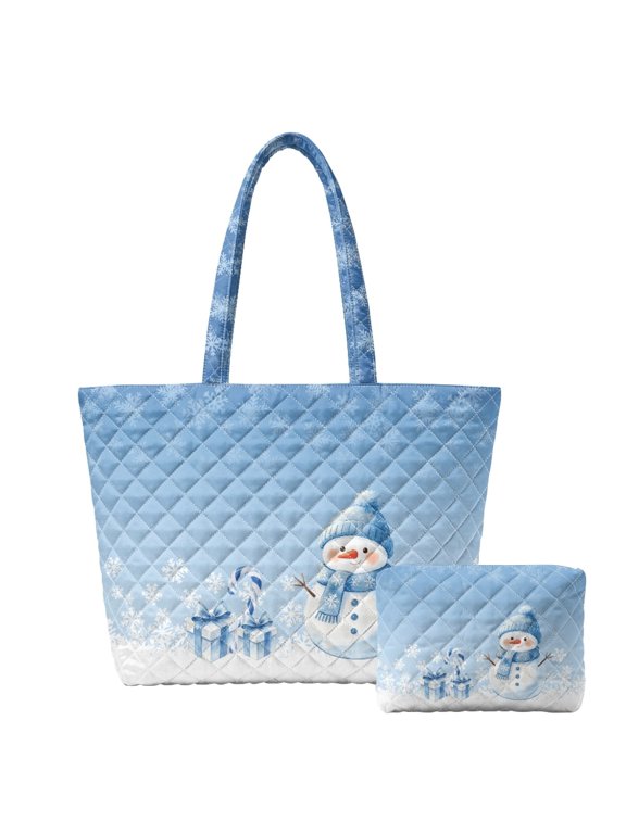 Blue Snowman Print 2Pcs Quilted Tote Bag Set with Matching Cosmetic Pouch, Lightweight Large Capacity Winter Shoulder Handbag for Christmas Shopping Work Travel Holiday