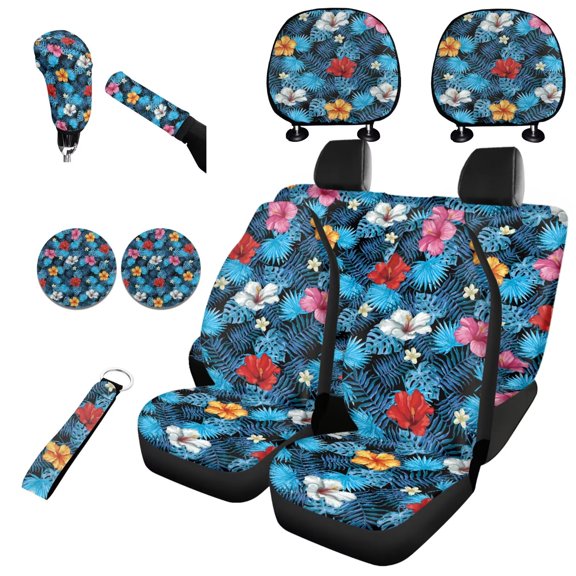 Jeiento Blue Tropical Flower 11 PCS Car Seat Covers Full Set, with Headrest Covers Coasters Gear Shift Knob Cover Handbrake Cover Keychain Automobile Interior Sets Universal Fit for Most Vehicles