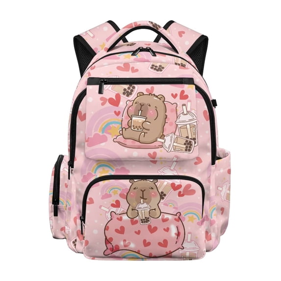 Jeiento Boba Capybara Girls Kids School Backpack 8-12 Years Old 17 Inch Large Capacity Water-Resistant Polyester Bookbag for Elementary School, Travel and Hiking