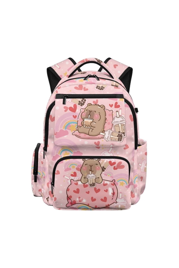 Boba Capybara Girls Kids School Backpack 8-12 Years Old 17 Inch Large Capacity Water-Resistant Polyester Bookbag for Elementary School, Travel and Hiking