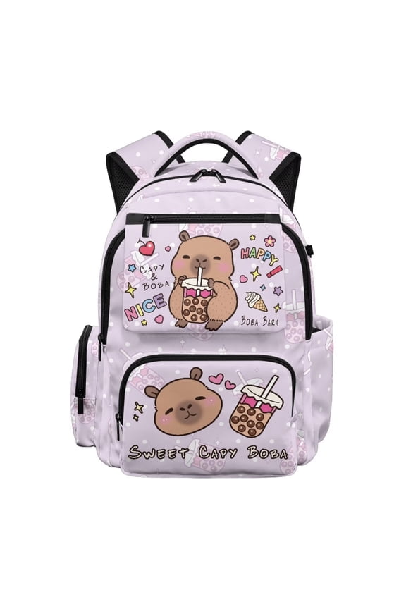 Boba Capybara Kids School Backpack for Girls 17 Inch Cute School Bag Lightweight Elementary Backpack with Padded Laptop Sleeve & Multi-Pockets for Elementary Ages 9-12, Purple