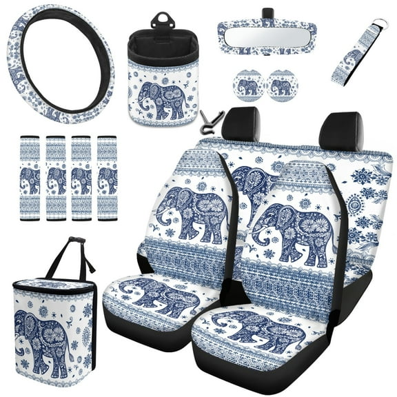 Jeiento Bohemia Elephant 15 PCS Car Seat Covers with Rear View Mirror Cover/Keychain/Steering Wheel Cover/Garbage Bag/Air Vent Bag/Cup Coasters/Seat Belt Pad, Blue