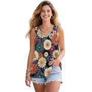 Jeiento Bohemian Floral Flowers T-shirt Sleeveless for Women Fashion V Neck Tank Top Summer Outfit Casual Basic Loose Fit Workout Tshirt Wide Strap Tank Tops for Women Lady,M