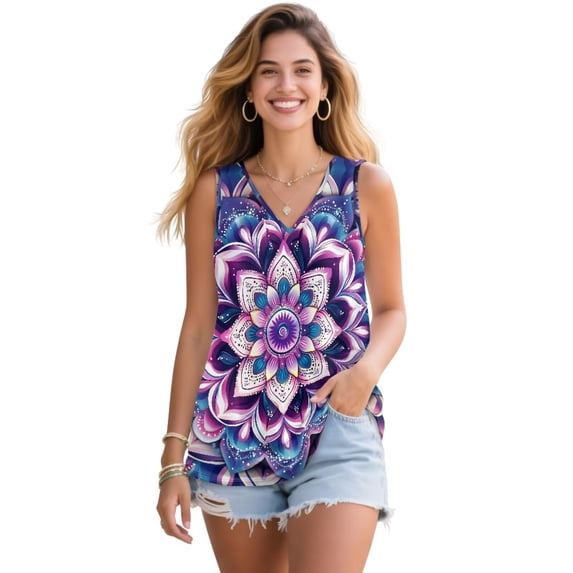 Jeiento Bohemian Tops for Women Mandala Flower Tank Top Sleeveless Shirts Plus Size Loose Fit Athletic Golf T-shirt Breathable Elastic Blouse Casual Business T-shirts,5XL