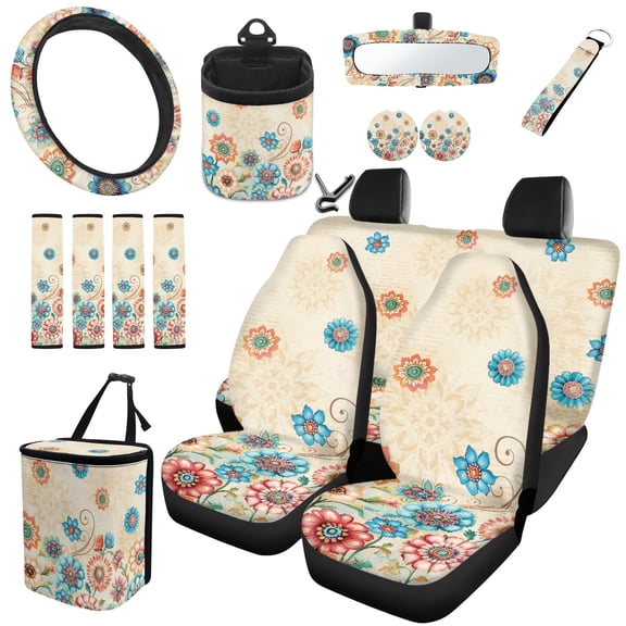 Jeiento Boho Floral Car Seat Cover Set 15 PCS, with Steering Wheel Cover Seat Belt Cushion Pad Garbage Bag Air Vent Pocket Rearview Mirror Cover Coasters Keychain for SUV Trucks Sedans Beige