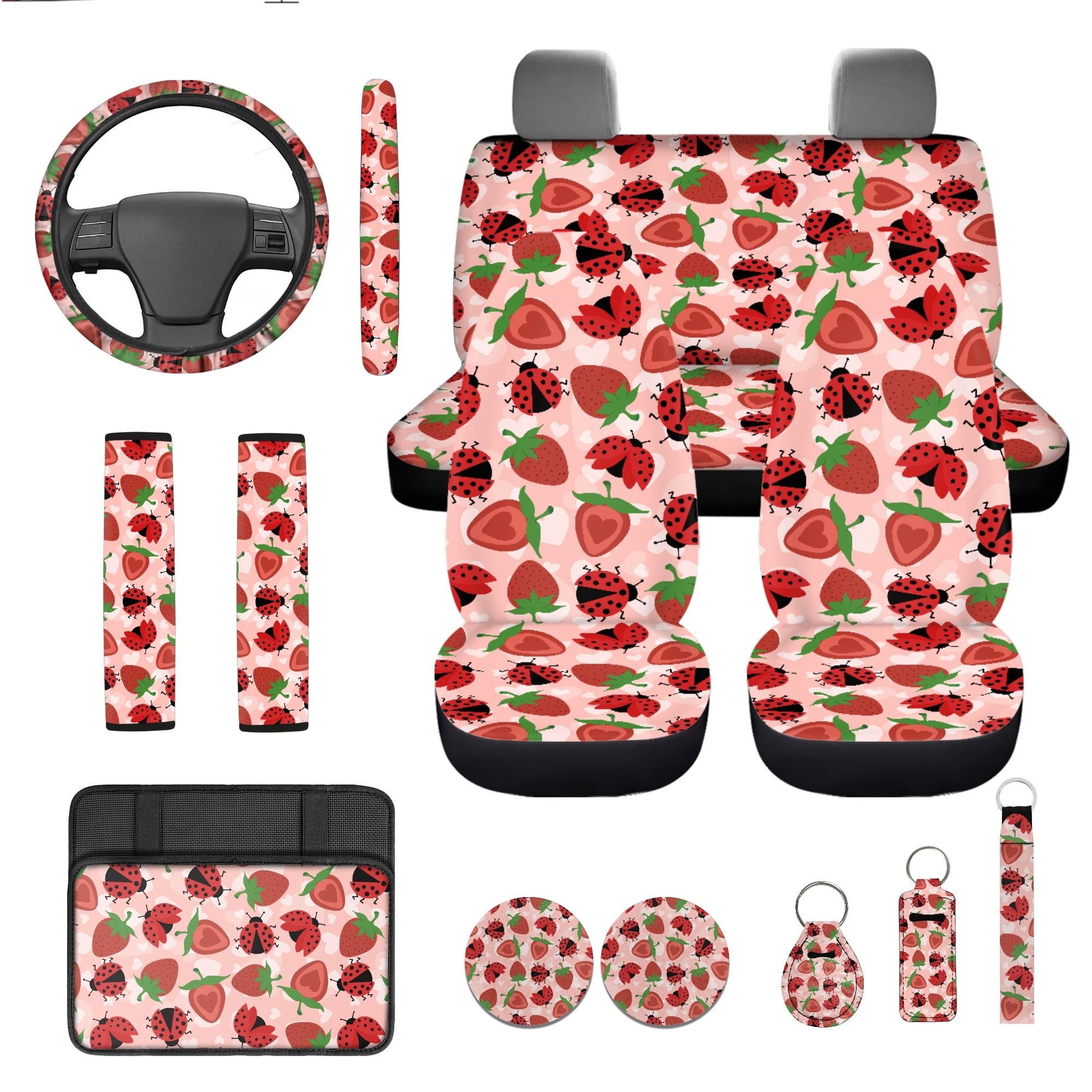 Jeiento Ladybug Car Seat Cover Set with Steering Wheel Cover Seat Belt Pads Center Console Cover Strawberry Cup Holder Keychain Pink 13 Pack Auto Accessories Set Universal Fit for Most Vehicles