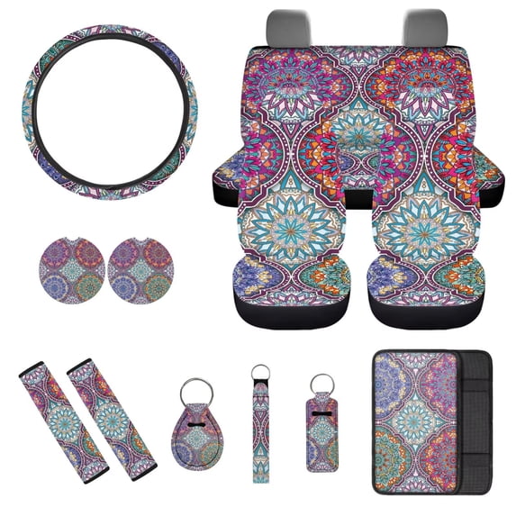 Jeiento Boho Mandala Car Seat Cover Full Set with Steering Wheel Cover Seat Belt Pads Cup Holders Keychain Auto Accessories Universal Fit for Most Cars SUV Van Truck Sedan