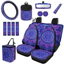 Jeiento Boho Mandala Floral 15 PCS Car Seat Cover, with Rear View Mirror Cover Seat Belt Strap Pads Cup Coasters Trash Can Keychain Air Vent Storage Bag Steering Wheel Cover for Women Men