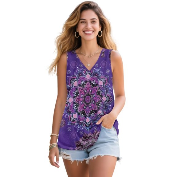 Jeiento Boho Mandala Floral T-shirt for Women Casual Tank Tops Plus Size Sleeveless Shirt Workout Tank Tops Slim Fitted Basic Cami Tee Shirts,L
