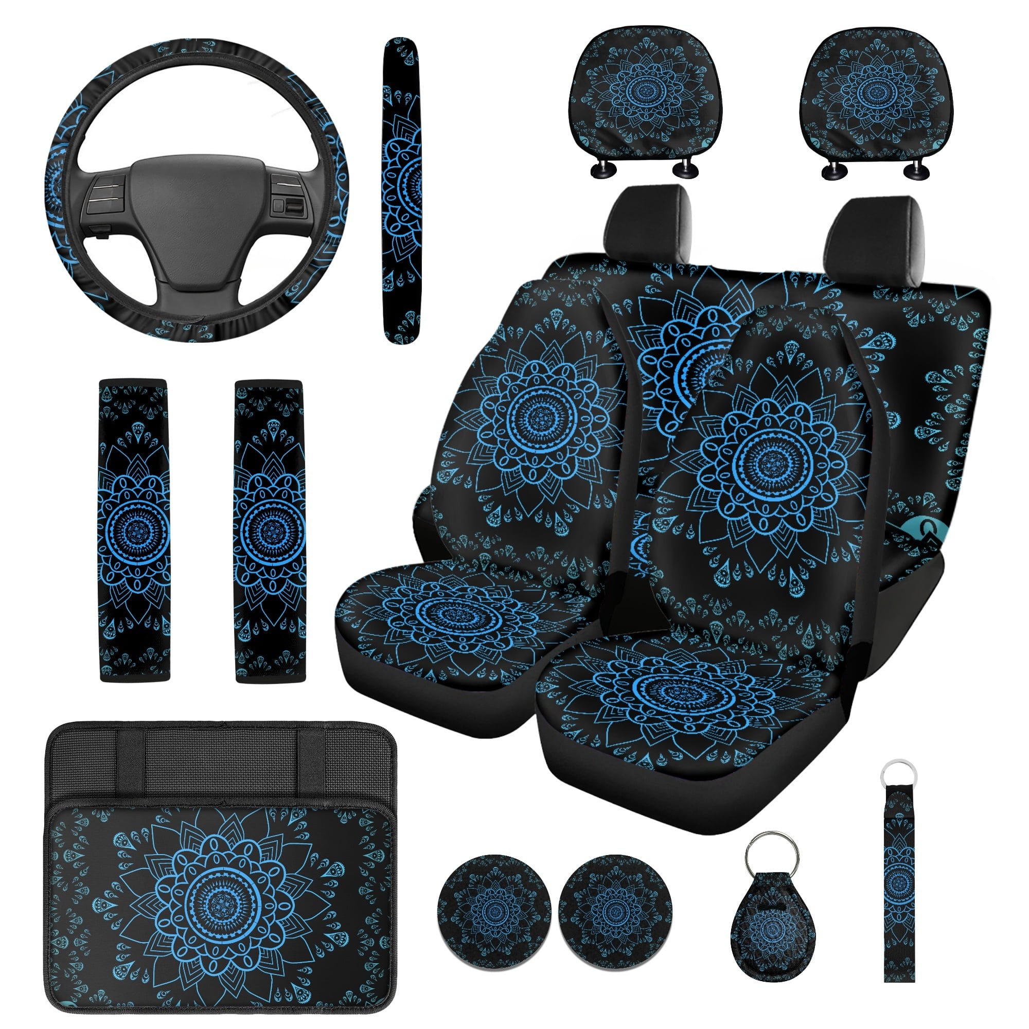 Jeiento Boho Mandala Flower 14 PCS Car Seat Cover Set Steering Wheel Cover Seat Belt Strap Pads Cup Coasters Armrest Cover Pad Headrest Covers Key Ring for SUV Truck Van Sedan, Blue