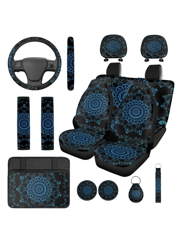 Boho Mandala Flower 14 PCS Car Seat Cover Set Steering Wheel Cover Seat Belt Strap Pads Cup Coasters Armrest Cover Pad Headrest Covers Key Ring for SUV Truck Van Sedan, Blue