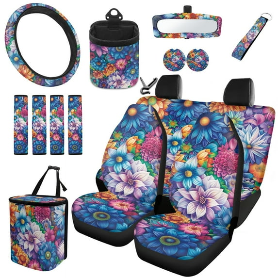 Jeiento Boho Mandala Flower 15 Pcs Car Seat Cover Set Included Coasters,Key Chains,Rear View Mirror Cover,Car Steering Cover,Car Seatbelt Cover,Car Vehicle Wheel Cover,Car Garbage Can Universal Fit