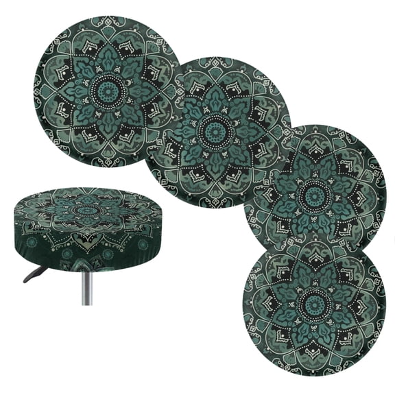 Jeiento Boho Mandala Flower Bar Stool Covers with Elastic Band, Green Stretchy Barstools Covers Removable Easy to Clean Round Stool Seat Covers for Dia 14-16 Inch