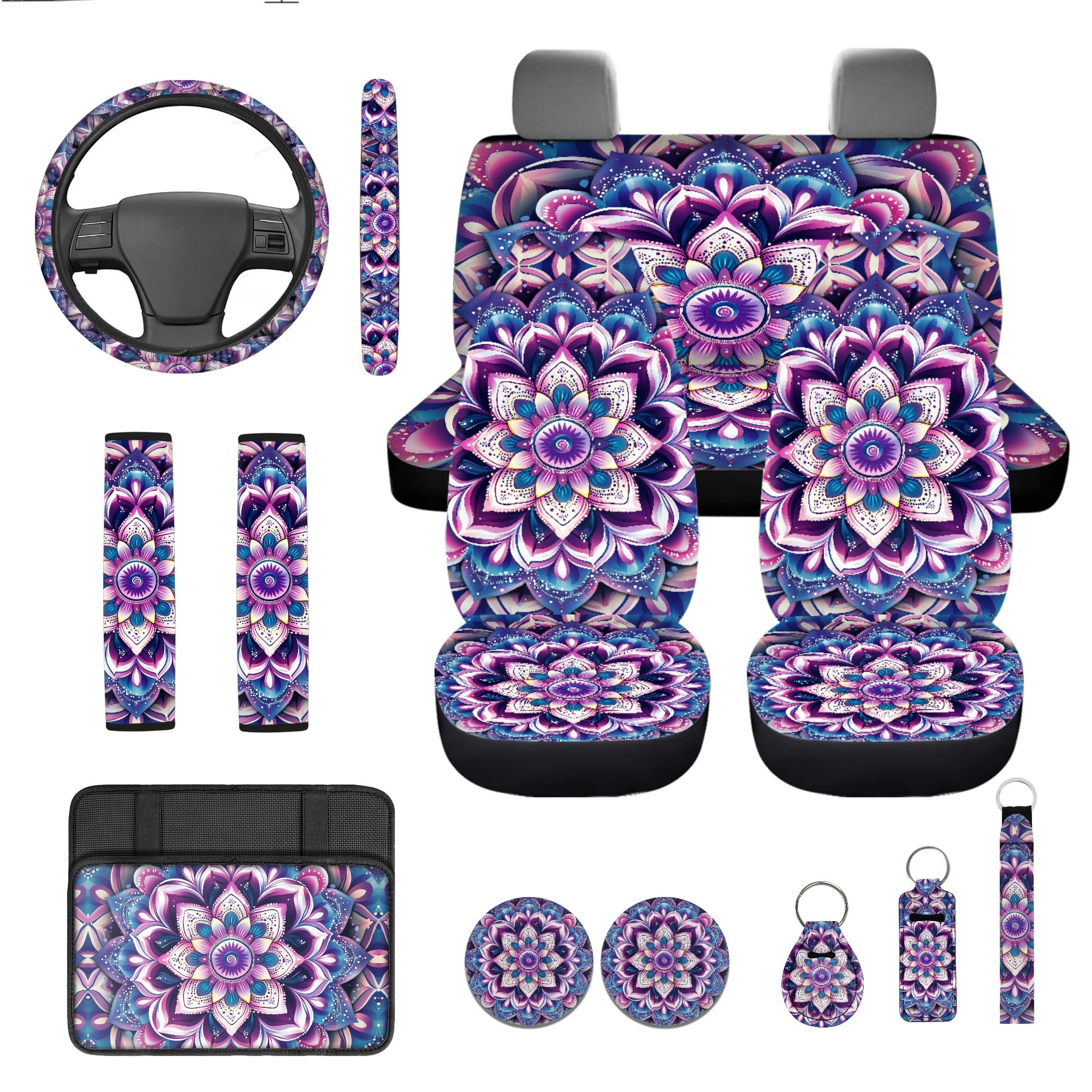 Jeiento Boho Mandala Flower Car Seat Accessories Set 13 Pcs, Car Seat Covers Full Set, Universal Steering Wheel Covers, Console Cover, Seat Belt Shoulder Pads, Cup Coasters, Purple Auto Decor