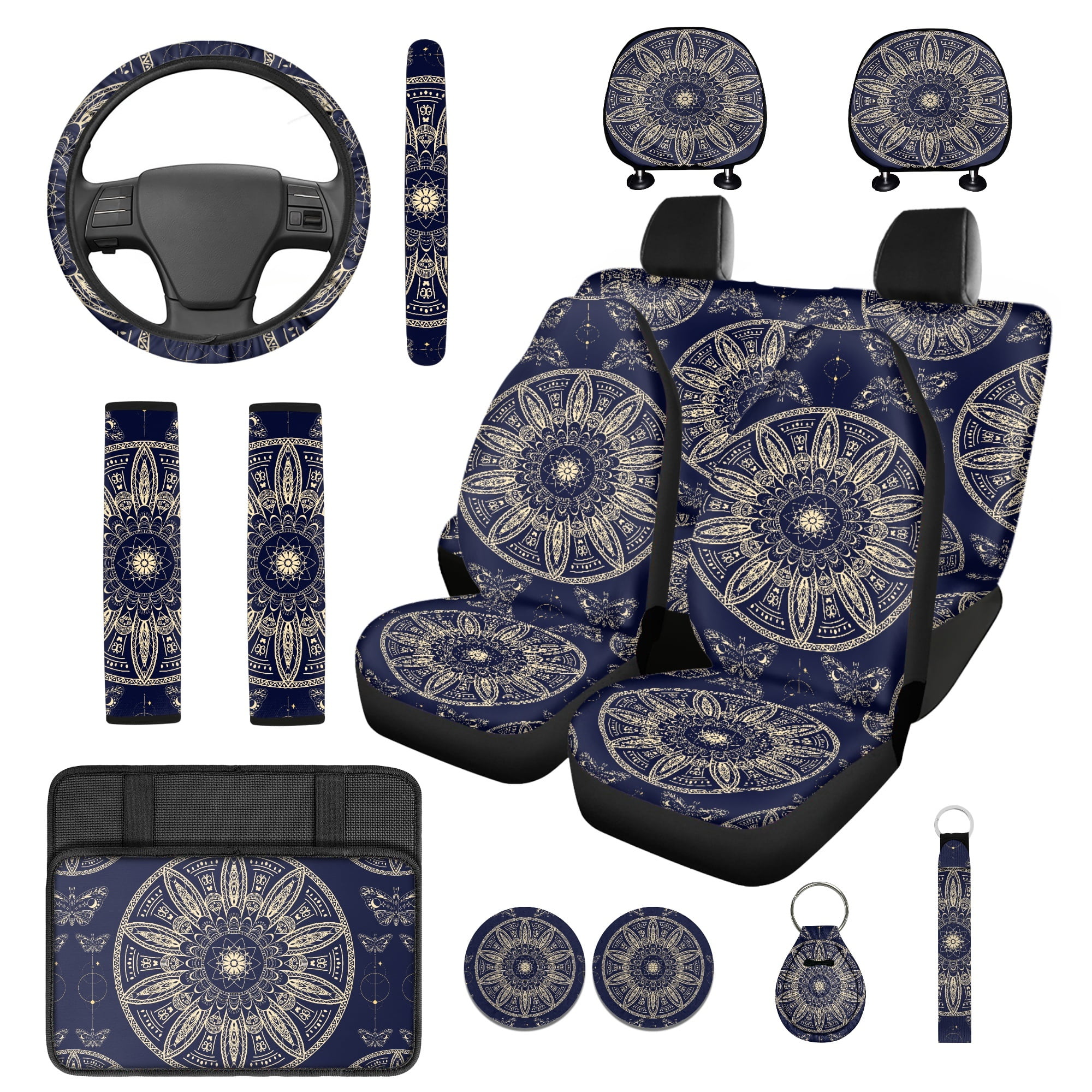 Jeiento Boho Mandala Flower Car Seat Cover Set of 14 Steering Wheel Cover Seat Belt Pad Car Headrest Cover Coaster Armrest Cover Keychain Fit for Truck Sedan Van SUV Interior Auto Accessory