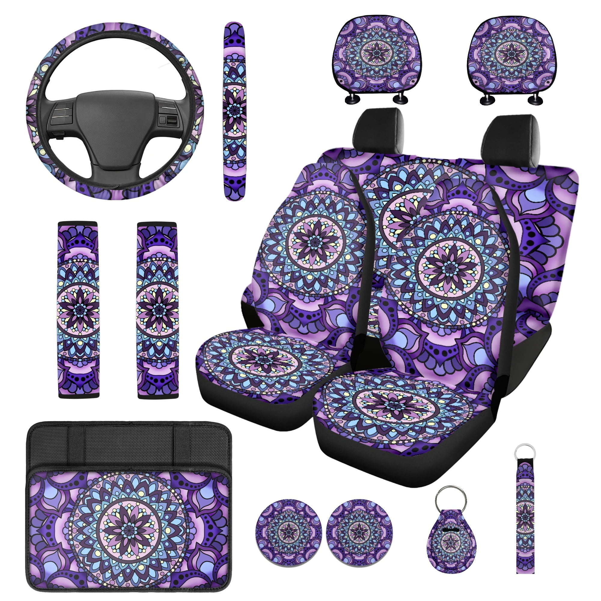 Jeiento Boho Mandala Flower Car Seat Cover Set of 14 Steering Wheel Cover Seat Belt Strap Pads Headrest Covers Coasters Auto Center Console Cover Purple Interior Automobile Accessories Sets