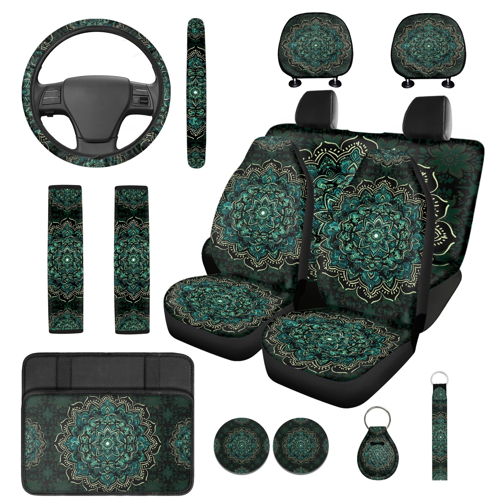 Jeiento Boho Mandala Flower Car Seat Covers Full Set Steering Wheel Cover Safe Belt Pads Coasters Center Console Cover Head Rest Covers Green Set of 14 Interior Automobile Accessories