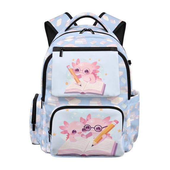 Jeiento Bookworm Axolotl Kids School Backpack for Boys Girls 17 Inch Water-Resistant Polyester Daypack with Multi-Pockets, Lightweight Adjustable Straps Bookbag for Elementary Students