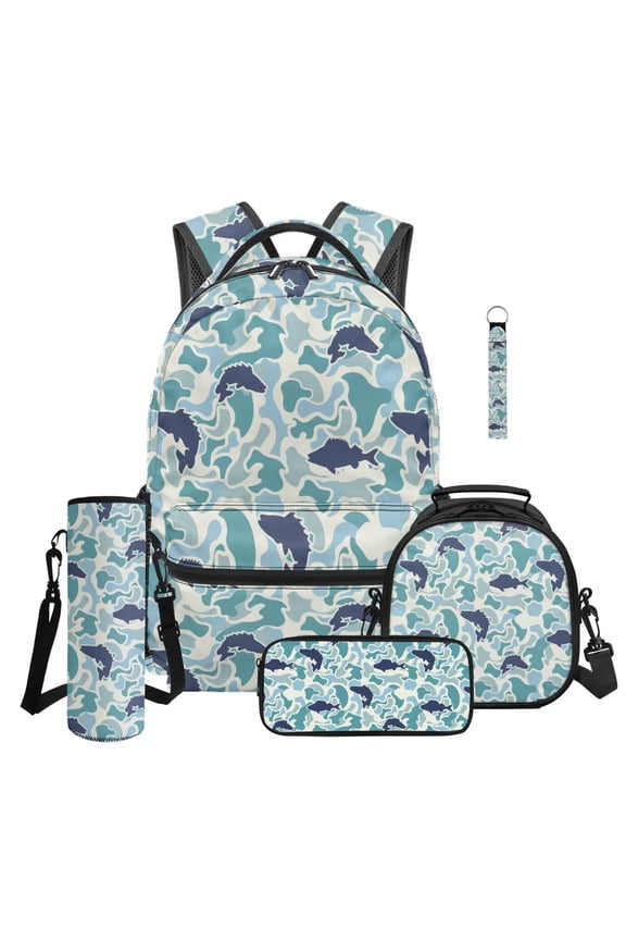 Boys Backpack And Lunch Box Set, 5 Piece Kids School Backpack Set, Water-Resistant Polyester Ocean Fish Camo Bookbag for Elementary Boys Back to School, Travel, Hiking