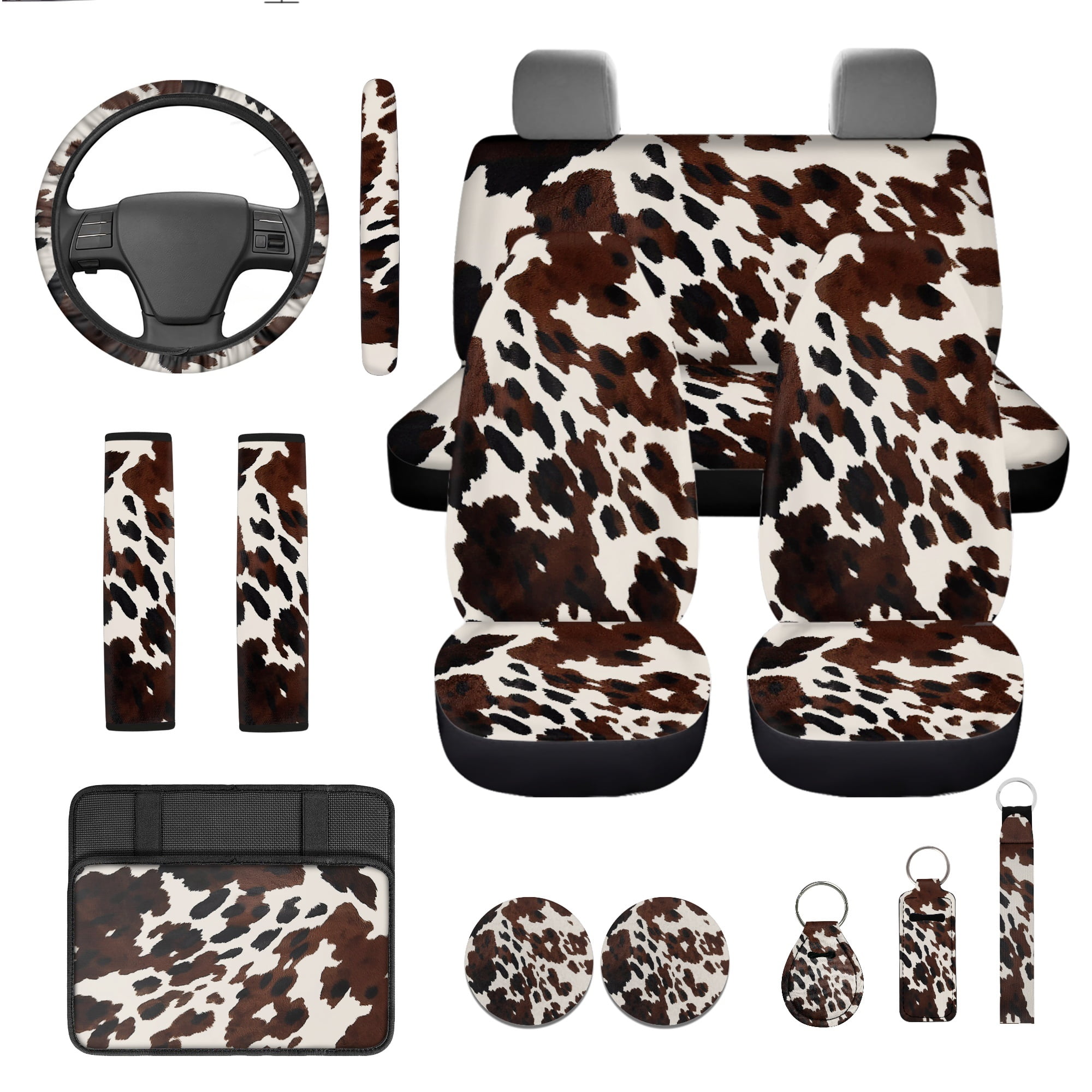 Jeiento Brown Cow Print 13 PCS Car Seat Cover Full Set with Auto Steering Wheel Cover Seat Belt Strap Pads Cup Coasters Armrest Pad Keychains Chapstick Holder Universal Fit Easy Install