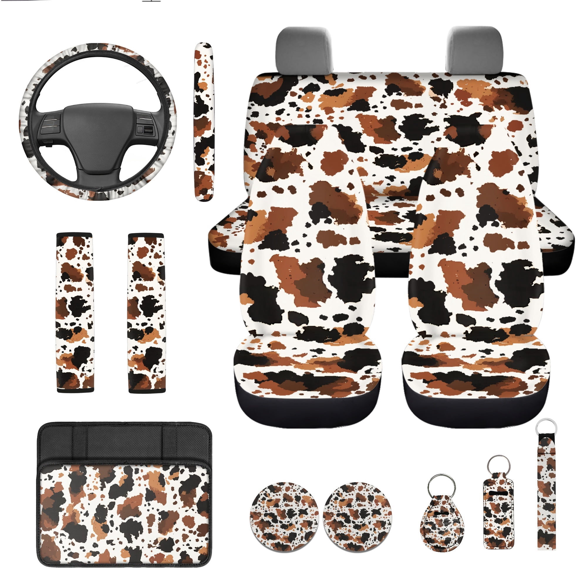 Jeiento Brown Cow Print 13 PCS Car Seat Covers Full Set, with Steering Wheel Seat Belt Covers Center Console Pad Coasters Keychain Lip Balm Holder Auto Accessories Interior Decor Fit for SUV Van