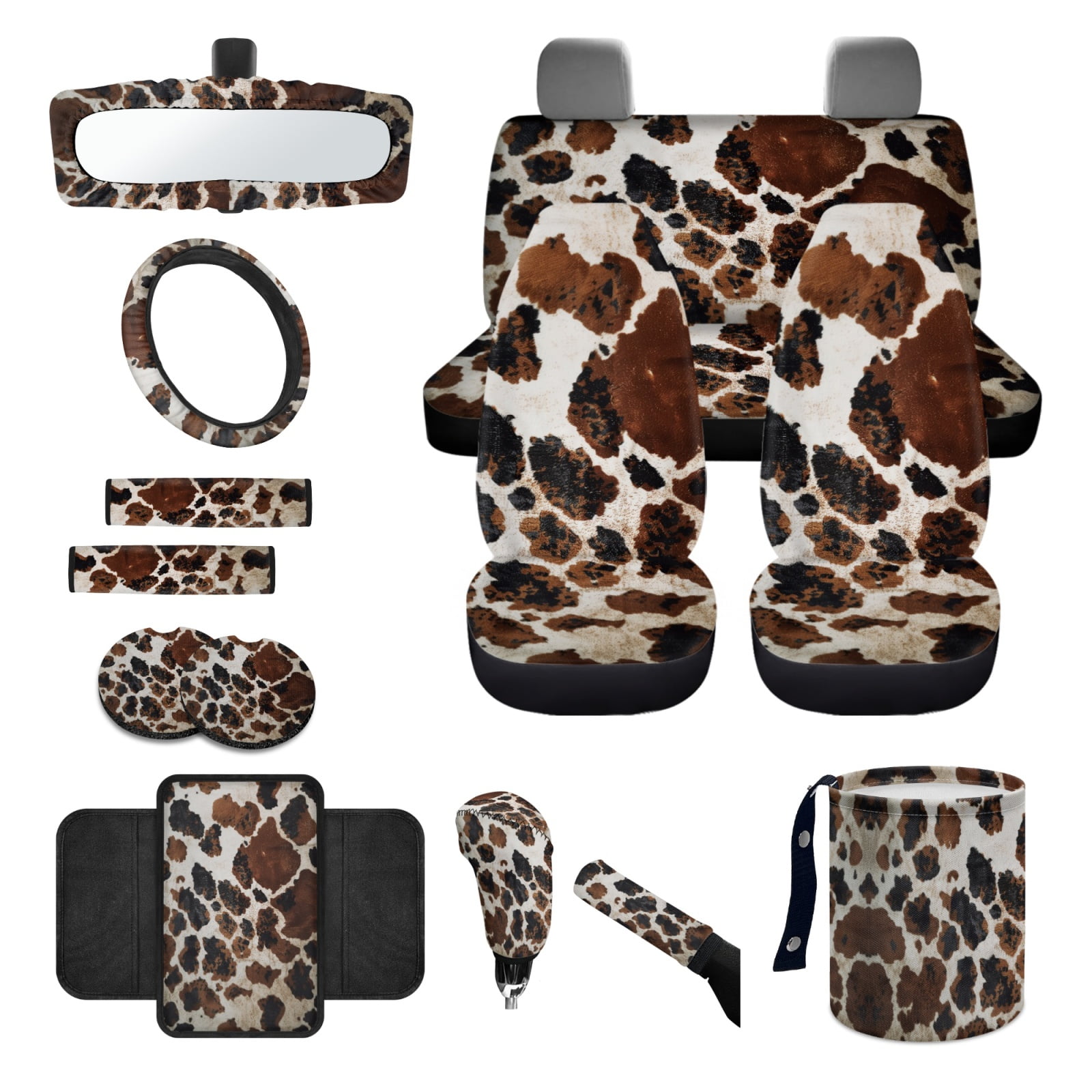 Jeiento Brown Cow Print 14 PCS Car Seat Cover Full Set with Steering Wheel Cover Seat Belt Covers Trash Can Rear View Mirror Cover Center Console Cover Cup Coasters Handbrake Cover Set