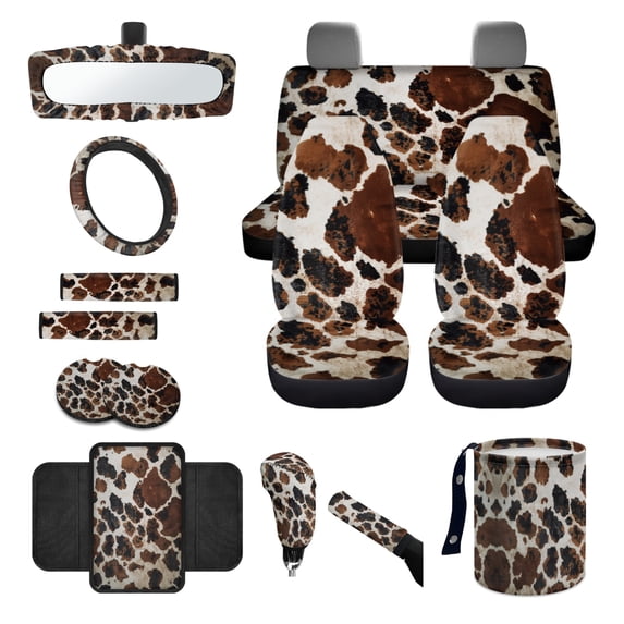 Jeiento Brown Cow Print 14 PCS Car Seat Cover Full Set with Steering Wheel Cover Seat Belt Covers Trash Can Rear View Mirror Cover Center Console Cover Cup Coasters Handbrake Cover Set